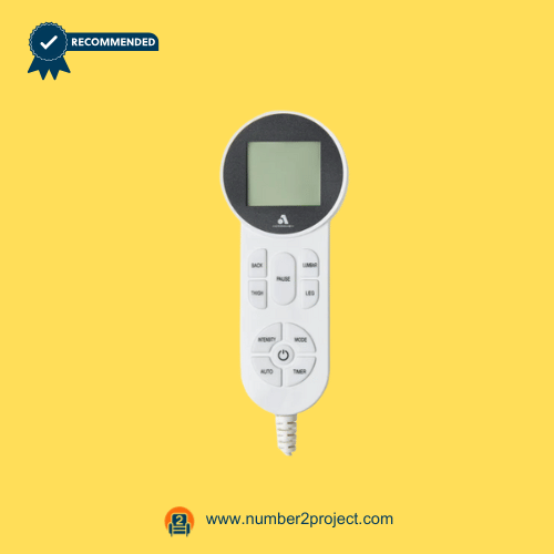 white-recliner-remote-lcd-display-01.png White recliner remote controller with LCD display and multiple function buttons on a yellow background.