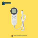 White LCD recliner remote controller with long attached cable and connector on a yellow background.