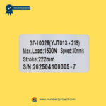 close-up of specification label for linear actuator model 37-10026 yjt013-219 showing load rating speed stroke and serial number for recliner compatibility