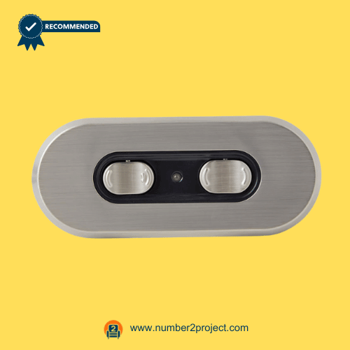 front view of KDH104B-001 4-button power recliner and lift chair switch with brushed metal buttons and oval faceplate Number2project – Sofa & Recliner Repair Experts