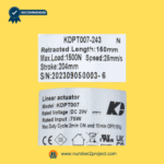 KAIDI KDPT007-243 N linear actuator specification label showing load rating stroke length retracted length speed and voltage for recliner and lift chair motors sold by Number2project – Sofa & Recliner Repair Experts