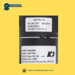 close-up label image of kaidi kdpt007-334 linear actuator showing model specifications including 1200n max load 25mm per second speed 226mm stroke and serial number on black motor housing
