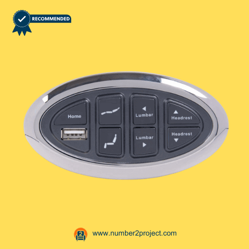 OKIN JLDK.15.07.10 7-Button 7-Pin Recliner & Lift Chair Switch with USB – Front View 7-button recliner and lift chair control with headrest lumbar home functions USB charging port OKIN JLDK.15.07.10 7-pin power switch close up motion furniture controller Number2project