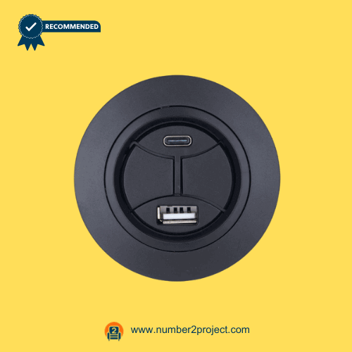 RB00100225 RK23300225X000(L) Round 2-Button Recliner Switch with USB-A & USB-C – Front View round 2-button recliner control switch with USB A and USB C charging ports RB00100225 RK23300225X000(L) 5-pin power recliner switch close up motion furniture controller Number2project