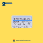 RMT R22231010050 recliner and lift chair side switch identification label close up showing input 29V 2A and output 5V 2A motion furniture control part Number2project