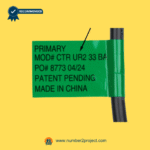 Raffel CTR UR2 33 BA primary identification label showing model number, production order, patent pending status, and country of origin on recliner switch wiring harness Number2project