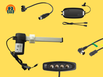 Complete collection of recliner electrical parts including power supplies, motors, switches, cables, transformers, and control components for electric recliners and sofas.