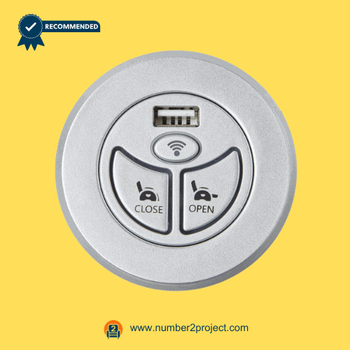 silver round recliner side control switch with USB port open close massage buttons eMoMo RemoP4024RS-1 close up motion furniture controller Number2project