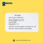 Close-up label view of Mulin HCB048-T-HV-D-01 airbag controller junction box showing DC 29V input, model number, production date, and manufacturer information – sold by Number2project Sofa and Recliner Repair Experts