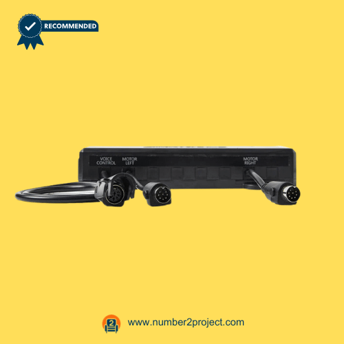 Front port view of Mulin MLKZ034-C1 voice controller junction box showing voice control input and left and right motor output ports for dual seat recliner sofa – sold by Number2project Sofa and Recliner Repair Experts