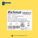 Richmat HJC18 control box label showing model number, voltage input and output, duty cycle, and safety certifications for adjustable bed base – Sold by Number2project – Sofa & Recliner Repair Experts