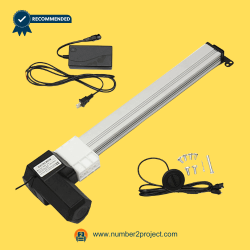 Linear actuator motor kit with 330mm stroke length for power recliners and lift chairs, featuring a two-pin prong connection cable, power supply transformer, wired control switch, and mounting hardware. Ideal replacement actuator for electric recliner repair. Sold by Number2project – Sofa & Recliner Repair Experts.