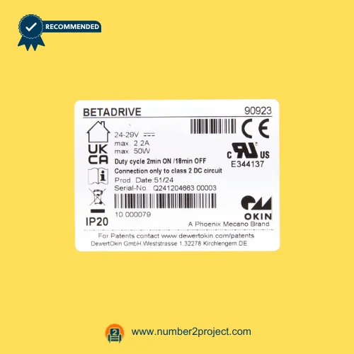 OKIN BETADRIVE 90923 linear actuator label showing 24–29V 50W rating duty cycle and serial number detail close up Number2project