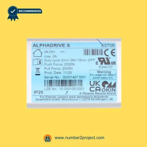 OKIN ALPHADRIVE S 83706 linear actuator label close up showing 24-29V duty cycle 2min ON 18min OFF 2000N specification Number2project