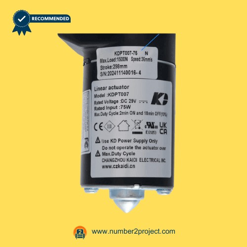 KAIDI KDPT007-75 linear actuator motor label close up showing DC 29V 75W specifications load and stroke details for power recliner lift chair actuator replacement Number2project