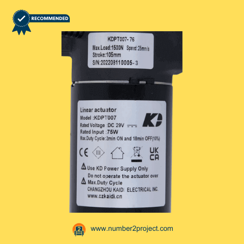 KAIDI KDPT007-76 linear actuator motor label close up showing DC 29V 75W specifications load and stroke information for power recliner lift chair actuator replacement Number2project