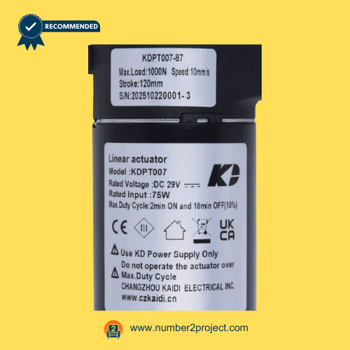KAIDI KDPT007-87 linear actuator motor label close up showing DC 29V 75W specifications load and stroke information for power recliner lift chair actuator replacement Number2project