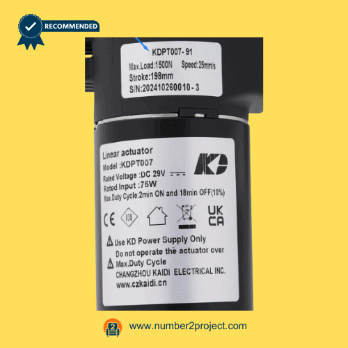 KAIDI KDPT007-91 linear actuator motor label close up showing DC 29V 75W specifications load and stroke information for power recliner lift chair actuator replacement Number2project