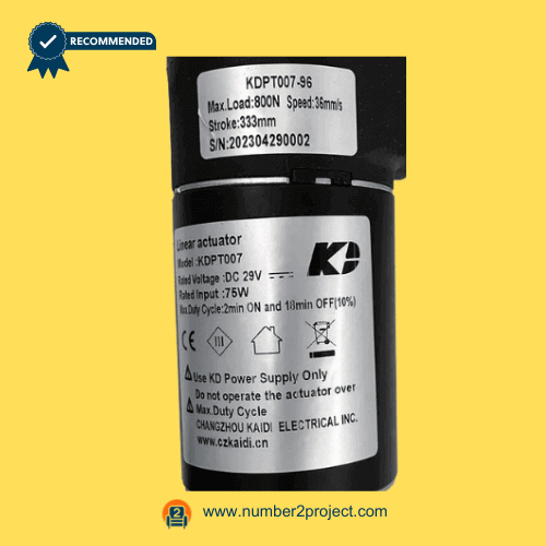 KAIDI KDPT007-96 linear actuator motor label close up showing DC 29V 75W specifications load and stroke details for power recliner lift chair actuator replacement Number2project
