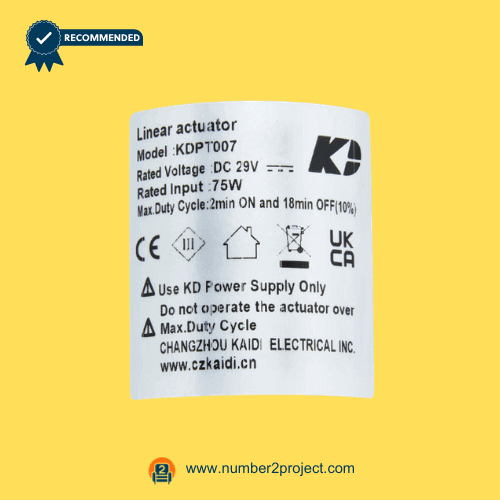 KAIDI KDPT007 linear actuator motor label close up showing DC 29V 75W electrical specifications for power recliner lift chair actuator identification Number2project