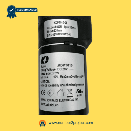 KAIDI KDPT010-06 linear actuator motor label close up showing DC 29V 75W specifications load and stroke details for power recliner lift chair actuator replacement Number2project