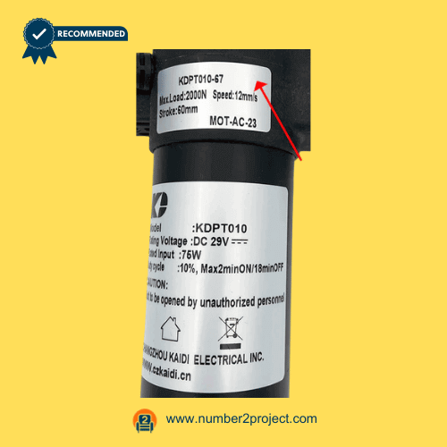 KAIDI KDPT010-67 MOT-AC-23 linear actuator motor label close up showing DC 29V 75W specifications and model identification for power recliner lift chair actuator replacement Number2project