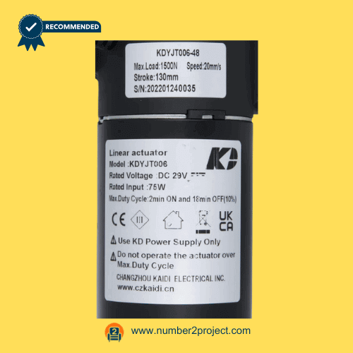 KAIDI KDYJT006-48 linear actuator motor label close up showing DC 29V 75W specifications and load rating for power recliner lift chair actuator replacement Number2project
