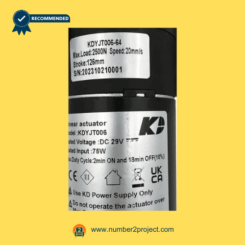 KAIDI KDYJT006-64 linear actuator motor label close up showing DC 29V 75W specifications for power recliner lift chair actuator replacement Number2project