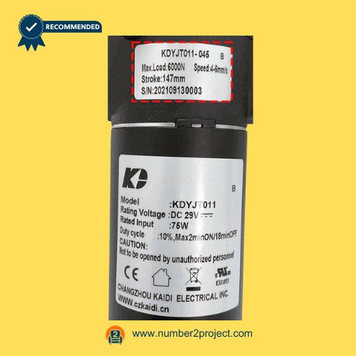 KAIDI KDYJT011-045 B linear actuator motor specification label DC29V 6000N 40mm/s recliner lift chair actuator rating plate close up motion furniture replacement actuator Number2project