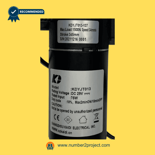KAIDI KDYJT013-137 linear actuator motor specification label DC29V 1500N 34mm/s recliner lift chair actuator rating plate close up motion furniture replacement actuator Number2project