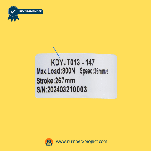 KAIDI KDYJT013-147 linear actuator specification label showing 800N load 36mm/s speed and 267mm stroke recliner lift chair actuator rating sticker Number2project