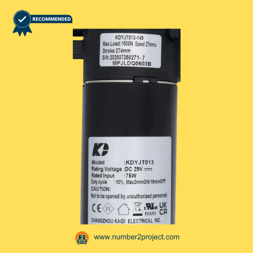 KAIDI KDYJT013-149 MPJLDQ0603B linear actuator motor specification label DC29V 1500N recliner lift chair actuator rating plate close up motion furniture replacement actuator Number2project