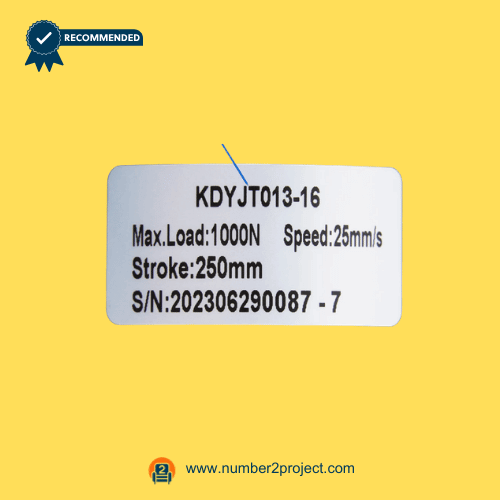 KAIDI KDYJT013-16 linear actuator specification label showing 1000N load 25mm/s speed and 250mm stroke recliner lift chair actuator rating sticker Number2project