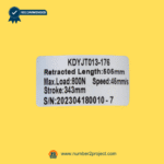 KAIDI KDYJT013-176 linear actuator specification label showing 800N load 46mm/s speed and 343mm stroke recliner lift chair actuator rating sticker Number2project