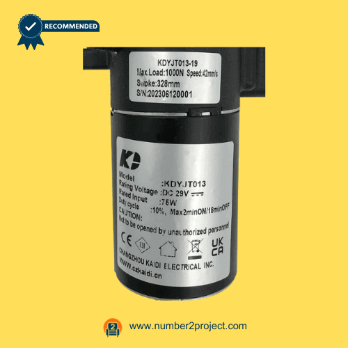 KAIDI KDYJT013-19 linear actuator motor specification label DC29V 1000N recliner lift chair actuator rating plate close up motion furniture replacement actuator Number2project