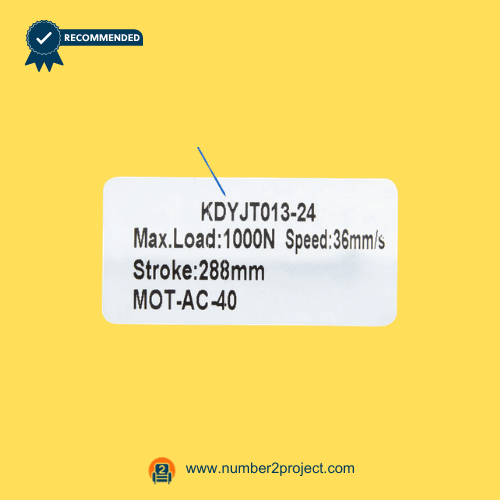 KAIDI KDYJT013-24 linear actuator specification label showing 1000N load 36mm/s speed and 288mm stroke recliner lift chair actuator rating sticker Number2project