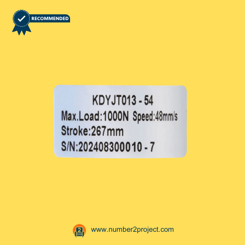 KAIDI KDYJT013-54 linear actuator specification label showing 1000N load and 267mm stroke recliner lift chair actuator rating sticker replacement part Number2project