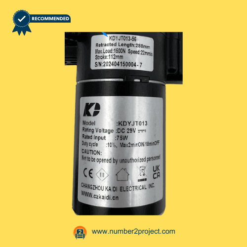 KAIDI KDYJT013-56 linear actuator motor specification label DC29V recliner lift chair actuator rating plate close up motion furniture replacement actuator Number2project