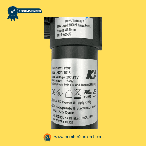 KAIDI KDYJT018-157 MOT-AC-85 linear actuator motor label close up showing specifications 29V DC recliner lift chair actuator motion furniture replacement actuator Number2project