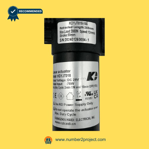 KAIDI KDYJT018-166 linear actuator motor label close up showing specifications 29V DC recliner lift chair actuator motion furniture replacement actuator Number2project