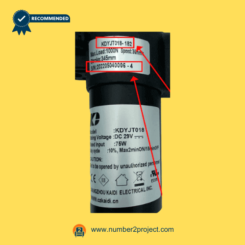 KAIDI KDYJT018-182 linear actuator motor label close up showing specifications 29V DC recliner lift chair actuator motion furniture replacement actuator Number2project