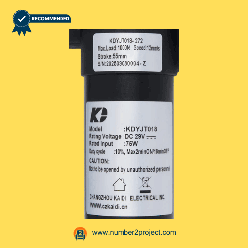 KAIDI KDYJT018-272 linear actuator motor label close up showing specifications 29V DC recliner lift chair actuator motion furniture replacement actuator Number2project