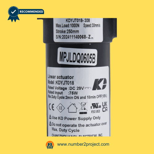 KAIDI KDYJT018-308 MPJLDQ0605B linear actuator motor label close up showing specifications 29V DC recliner lift chair actuator motion furniture replacement actuator Number2project