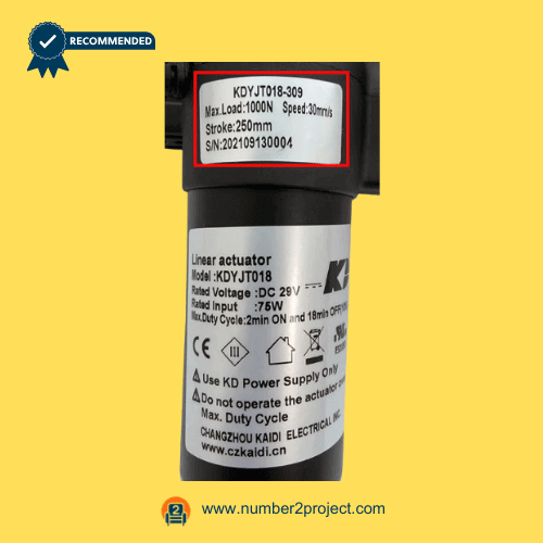 KAIDI KDYJT018-309 linear actuator motor label close up showing specifications 29V DC recliner lift chair actuator motion furniture replacement actuator Number2project