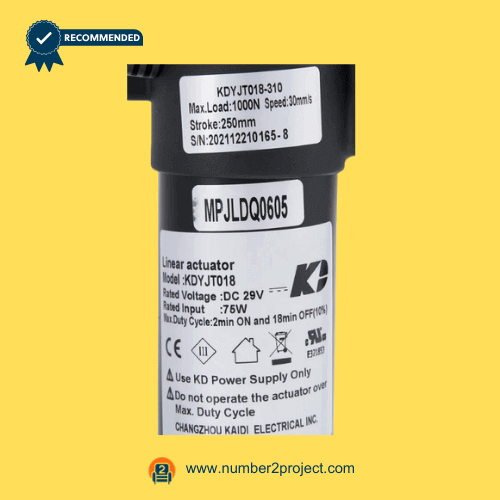 KAIDI KDYJT018-310 MPJLDQ0605 linear actuator motor label close up showing specifications 29V DC recliner lift chair actuator motion furniture replacement actuator Number2project
