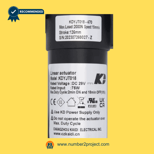 KAIDI KDYJT018-470 linear actuator label showing specifications 29V DC 2000N load recliner lift chair actuator identification sticker Number2project