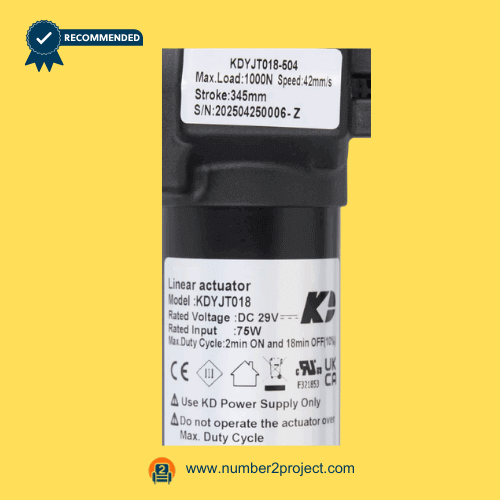 KAIDI KDYJT018-504 linear actuator motor specification label DC29V 1000N 42mm/s recliner lift chair actuator rating plate close up motion furniture replacement actuator Number2project