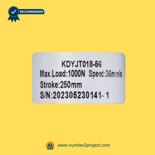 KAIDI KDYJT018-56 linear actuator specification label showing 1000N load 36mm/s speed and 250mm stroke recliner lift chair actuator rating sticker Number2project