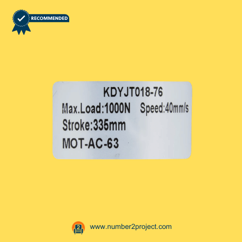 KAIDI KDYJT018-76 MOT-AC-63 linear actuator specification label showing 1000N load 40mm/s speed and 335mm stroke recliner lift chair actuator rating sticker Number2project