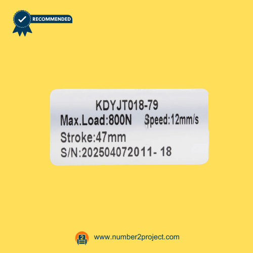 KAIDI KDYJT018-79 linear actuator specification label showing 800N load 12mm/s speed and 47mm stroke recliner lift chair actuator rating sticker Number2project